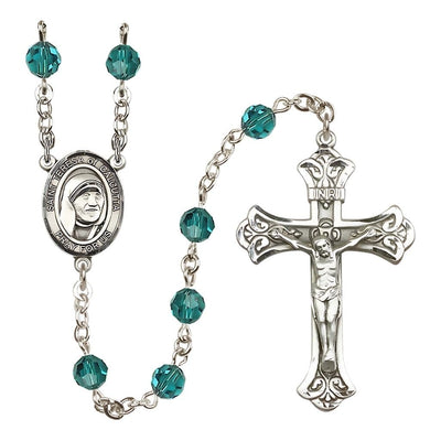 St. Teresa of Calcutta Sterling Silver Engraving Rosary, Birthstone Zircon 6mm Austrian Crystal Beads, Bliss Manufacturing