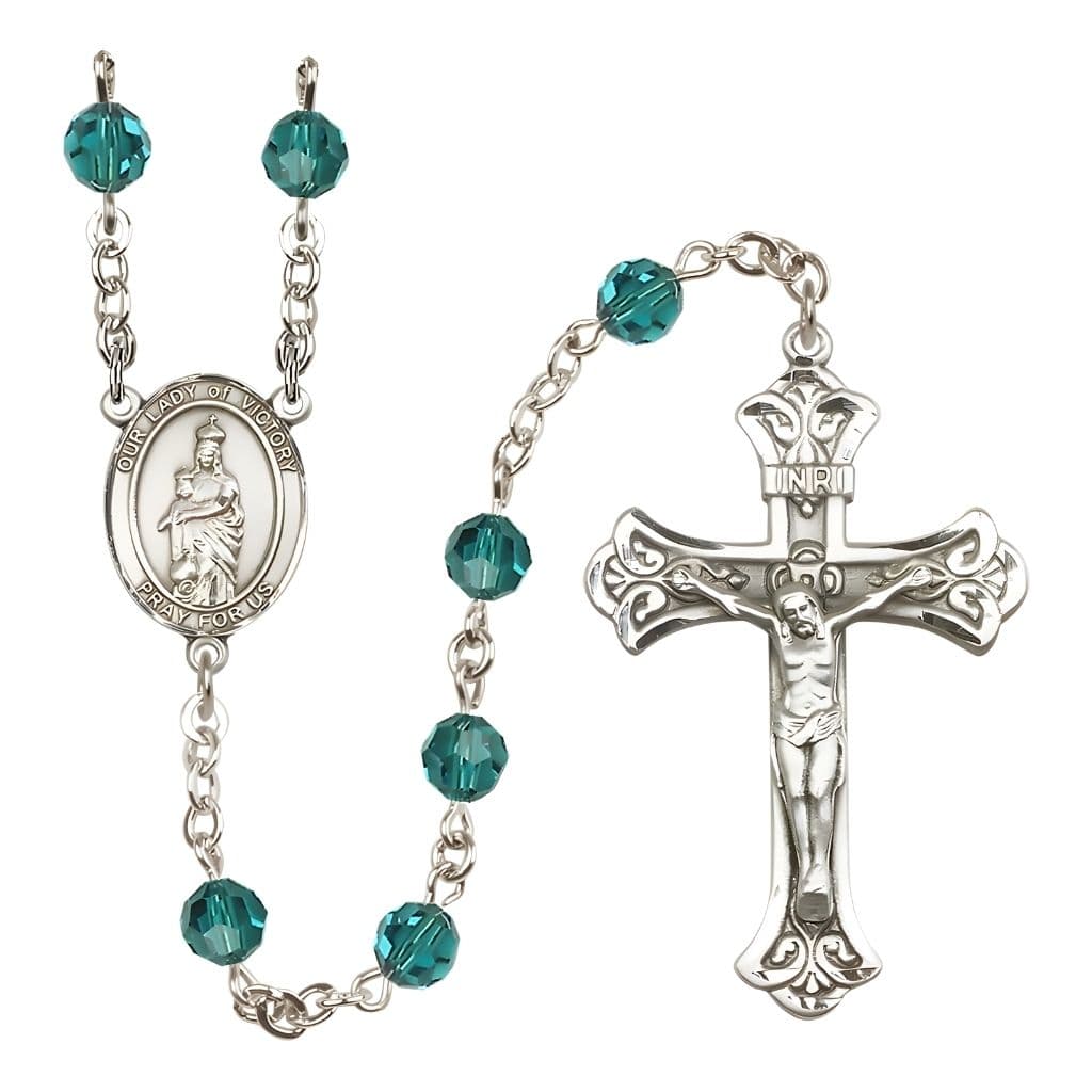 Bliss Our Lady of Victory Sterling Silver December Birthstone Zircon 6mm Austrian Crystal Rosary