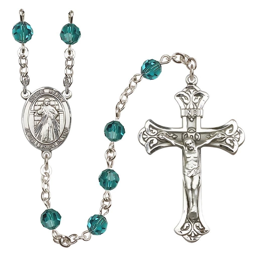Bliss Jesus Divine Mercy Engravable Rosary with Sterling Silver Scroll Crucifix and Centerpiece, Birthstone 6mm Austrian Crystal Zircon Beads for December