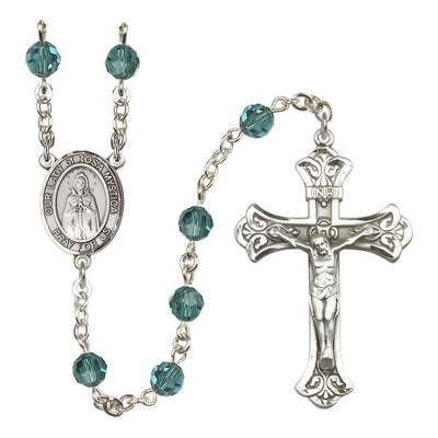 Our Lady of Rosa Mystica Rosary with Sterling Silver Scroll Crucifix and Centerpiece, Birthstone 6mm Austrian Crystal Zircon Beads for December