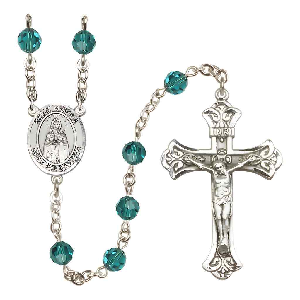 Spanish Rosa Mystica Rosary with Sterling Silver Scroll Crucifix and Centerpiece, Birthstone 6mm Austrian Crystal Zircon Beads for December