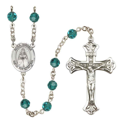 Spanish Rosa Mystica Rosary with Sterling Silver Scroll Crucifix and Centerpiece, Birthstone 6mm Austrian Crystal Zircon Beads for December
