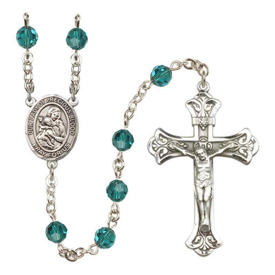 Our Lady of the Precious Blood Rosary with Sterling Silver Scroll Crucifix and Centerpiece, Birthstone 6mm Austrian Crystal Zircon Beads for December