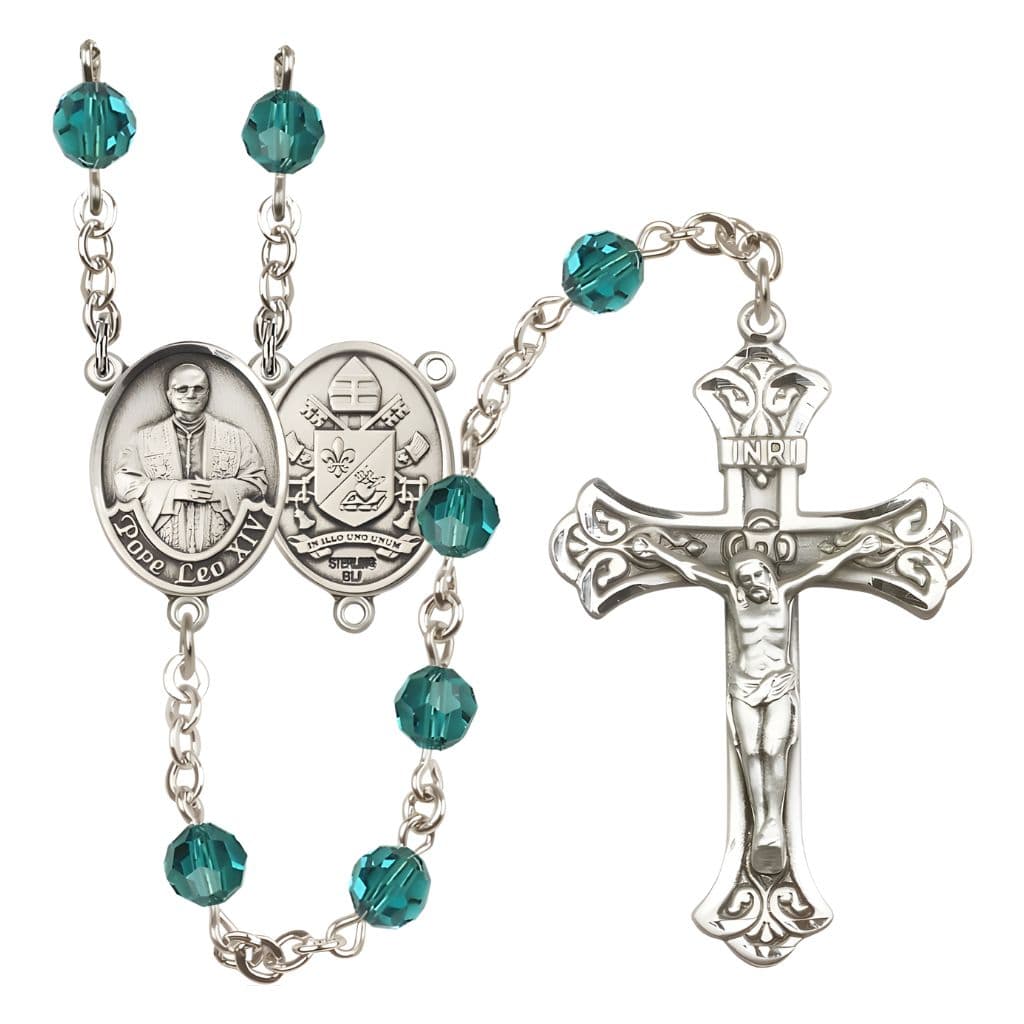 Bliss Pope Leo XIV Engravable Rosary with Sterling Silver Scallop Edge Crucifix and Centerpiece, Birthstone 6mm Austrian Crystal Zircon Beads for December