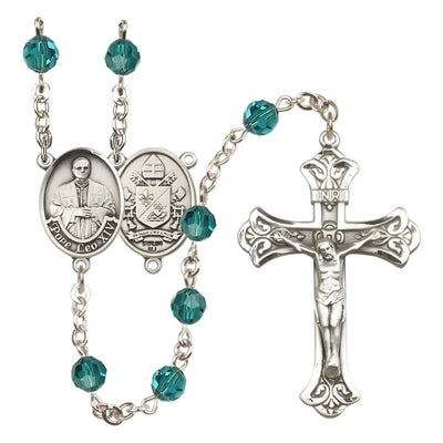 Pope Leo XIV Engravable Rosary with Sterling Silver Scallop Edge Crucifix and Centerpiece, Birthstone 6mm Austrian Crystal Zircon Beads for December, Bliss Manufacturing