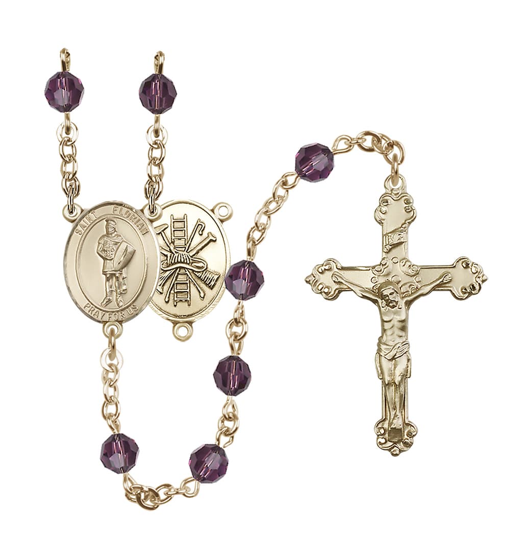 Bliss St Florian Firefighter Center Gold-filled Crystal Amethyst February Birthstone Rosary,