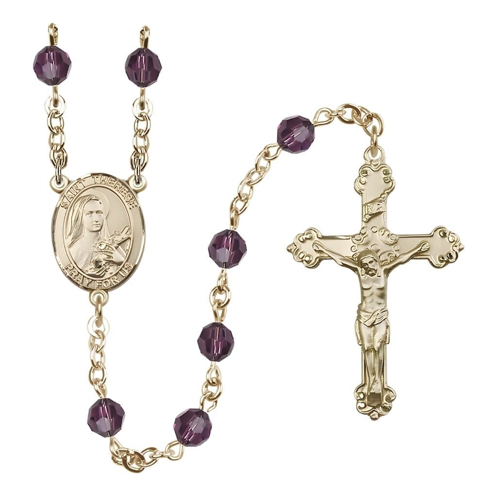 Bliss St. Therese of Lisieux Birthstone Gold-filled 6mm Amethyst Austrian Crystal Bead Catholic Rosary