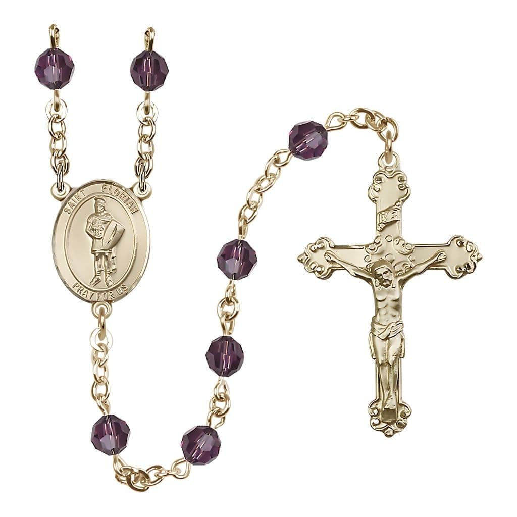 Bliss 14kt Gold St. Florian Birthstone Rosary with Amethyst 6mm Austrian Crystal Beads