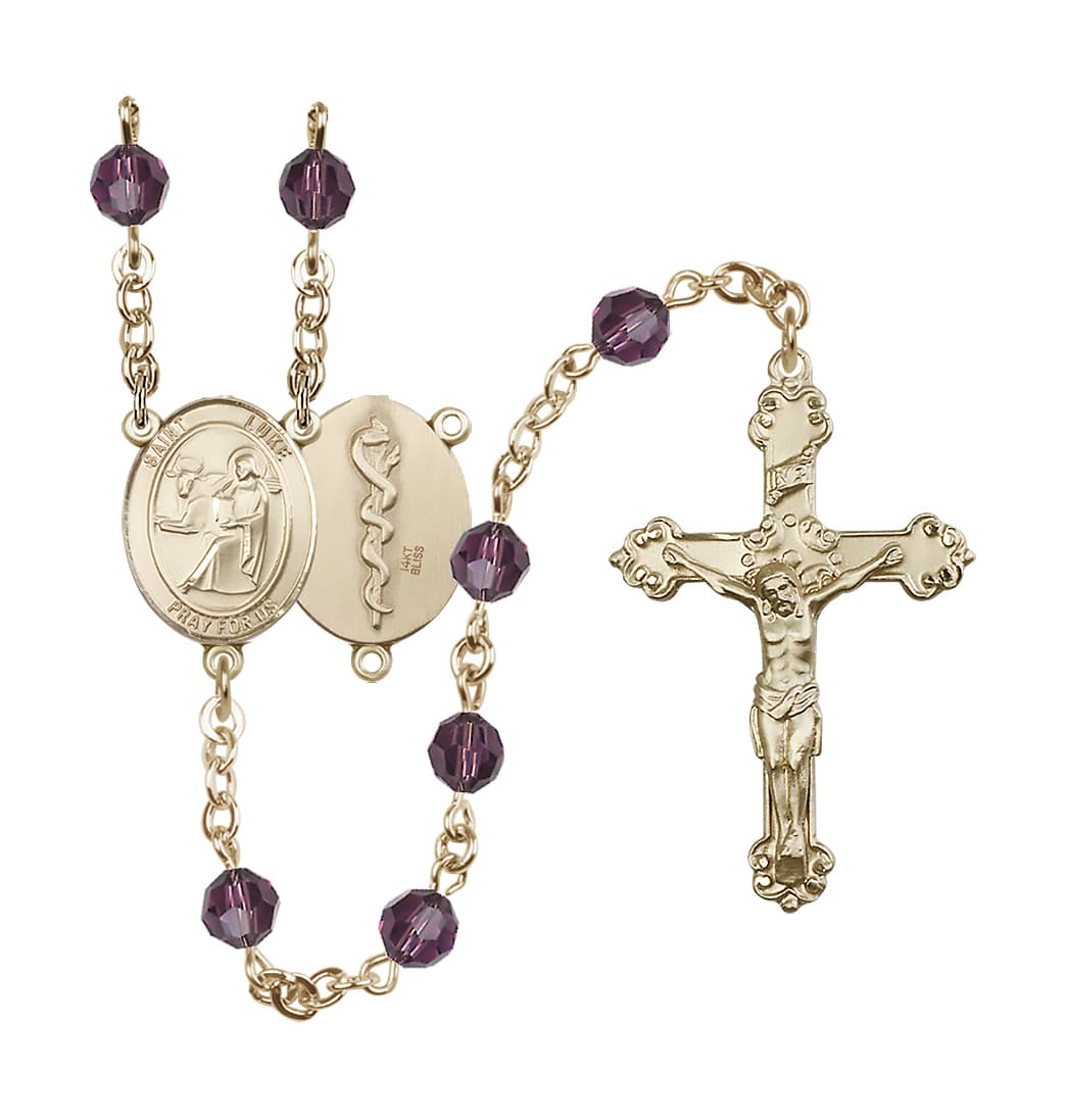 Bliss St Luke the Apostle Doctor 14kt Gold Crystal Ornate Rosary in Amethyst/Feb,