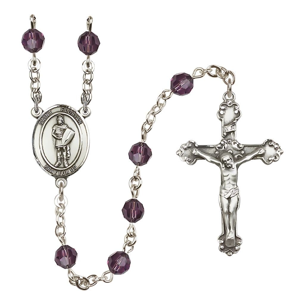 Bliss St Florian Sterling Silver 6mm Round Austrian Crystal Rosary in Amethyst February Birthstone,