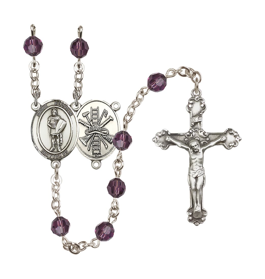 Bliss St Florian Firefighter Center Sterling Silver Crystal Amethyst February Birthstone Rosary,