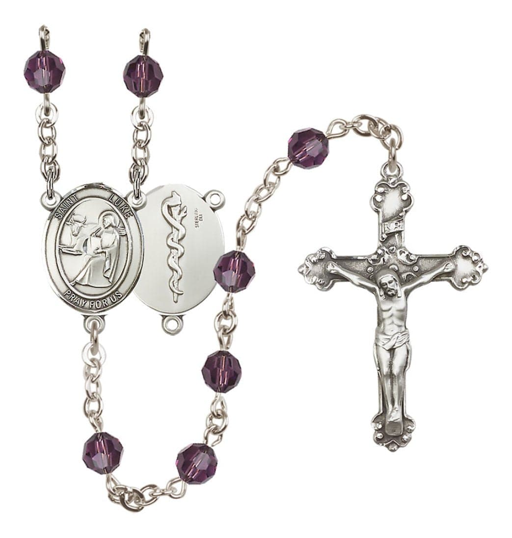 Bliss St Luke the Apostle Doctor Sterling Silver Amethyst/Feb Crystal Rosary,