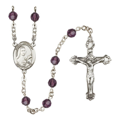 St. Therese of Lisieux 6mm Amethyst Austrian Crystal Birthstone Sterling Silver Rosary with a Detailed Swirl Design Crucifix, Bliss Manufacturing