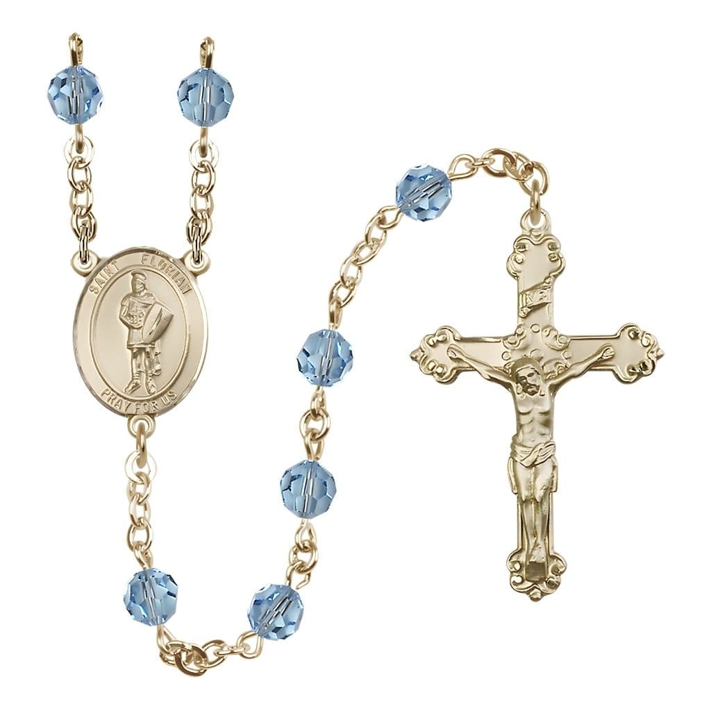 Bliss Gold-filled St. Florian Birthstone Rosary with Aqua 6mm Austrian Crystal Beads