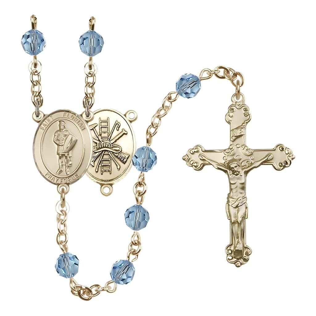 Bliss Gold-filled St. Florian Firefighter Gear Birthstone Rosary with Aqua 6mm Austrian Crystal Beads