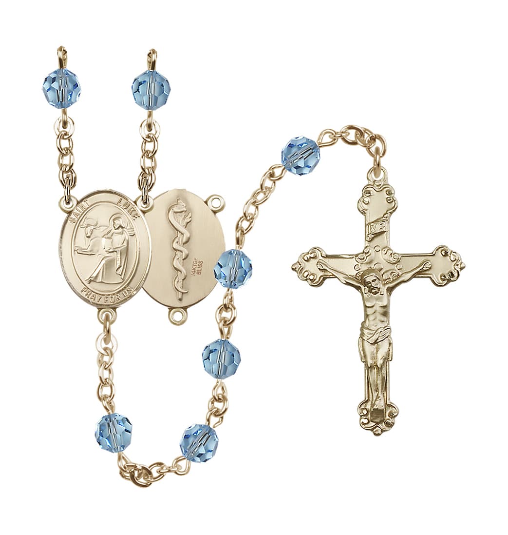 Bliss St Luke the Apostle Doctor Gold-filled Aqua Crystal Ornate Rosary,