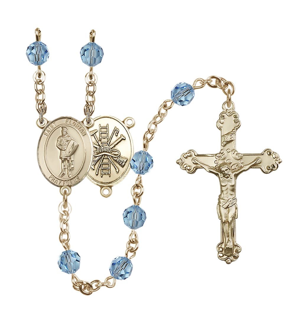 Bliss St Florian Firefighter Center Gold-filled Crystal Aqua March Birthstone Rosary,