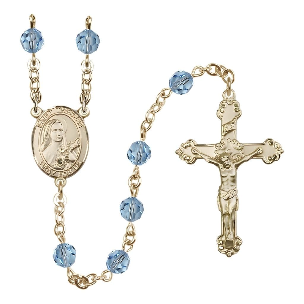 Bliss St. Therese of Lisieux 6mm Aqua Austrian Crystal Birthstone 14kt Gold Rosary with Detailed Design Crucifix