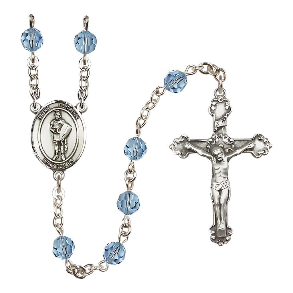 Bliss St Florian Sterling Silver 6mm Round Austrian Crystal Rosary in Aqua  March Birthstone,