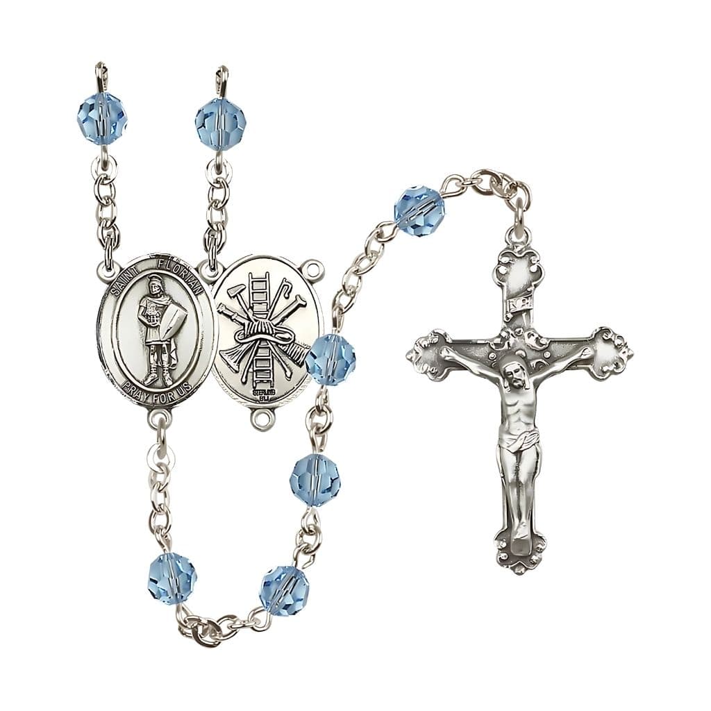 Bliss St Florian Firefighter Center Sterling Silver Crystal Aqua March Birthstone Rosary,