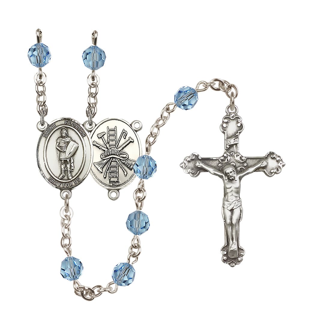 Bliss St Florian Firefighter Center Sterling Silver Crystal Aqua March Birthstone Rosary,