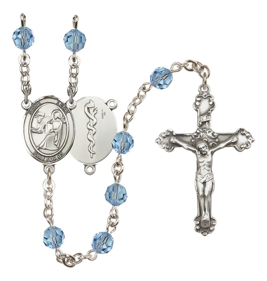 Bliss St Luke the Apostle Doctor Sterling Silver Aqua/March Crystal Rosary,