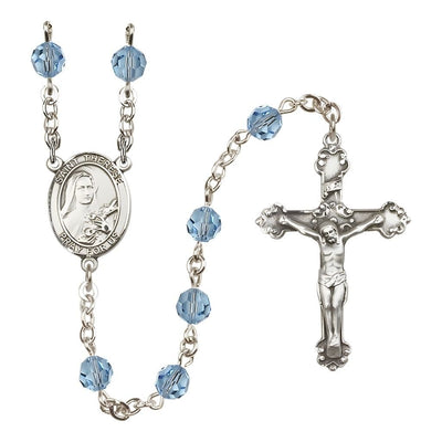 St. Therese of Lisieux 6mm Aqua Austrian Crystal Birthstone Sterling Silver Rosary with a Detailed Swirl Design Crucifix, Bliss Manufacturing