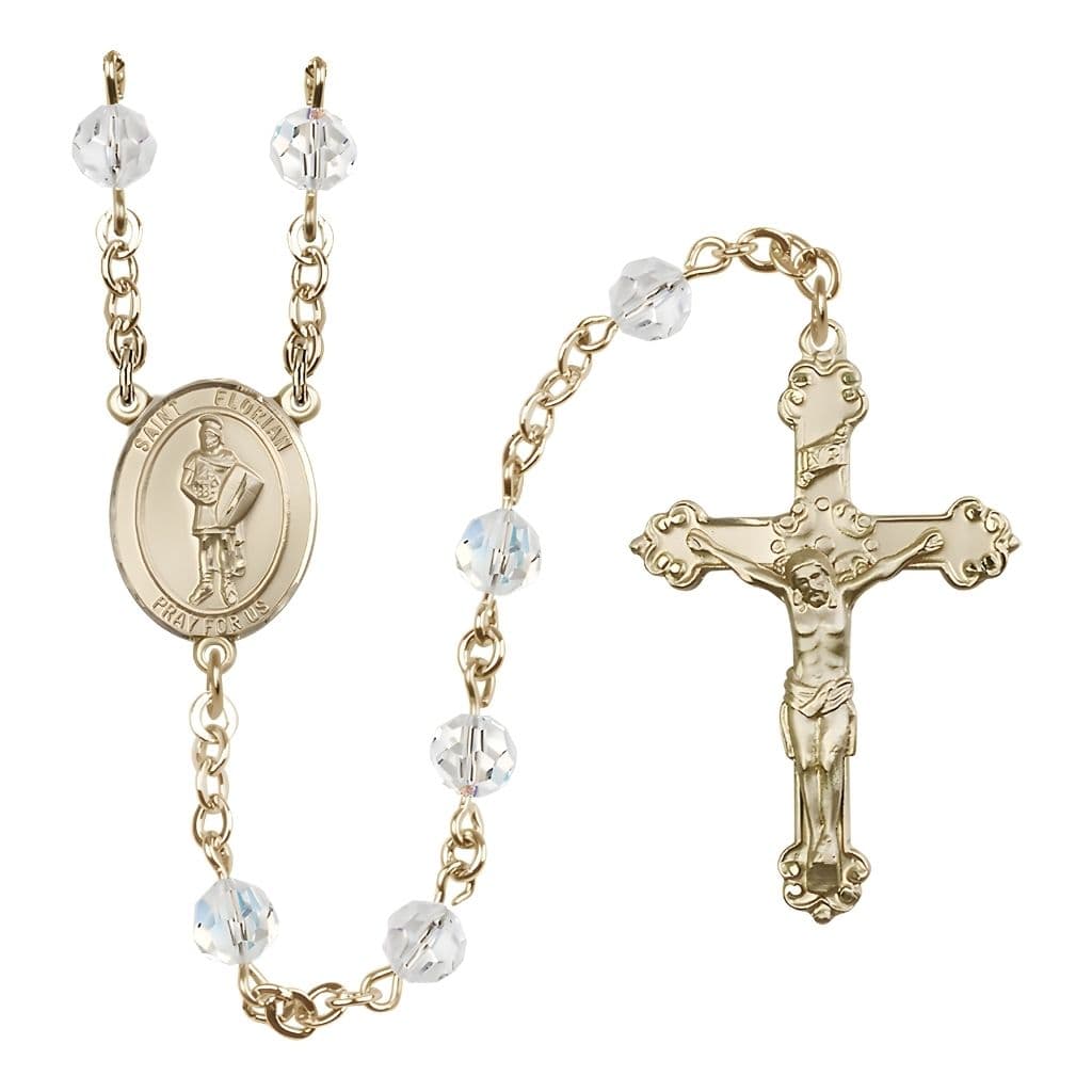 Bliss Gold-filled St. Florian Birthstone Rosary with Clear 6mm Austrian Crystal Beads