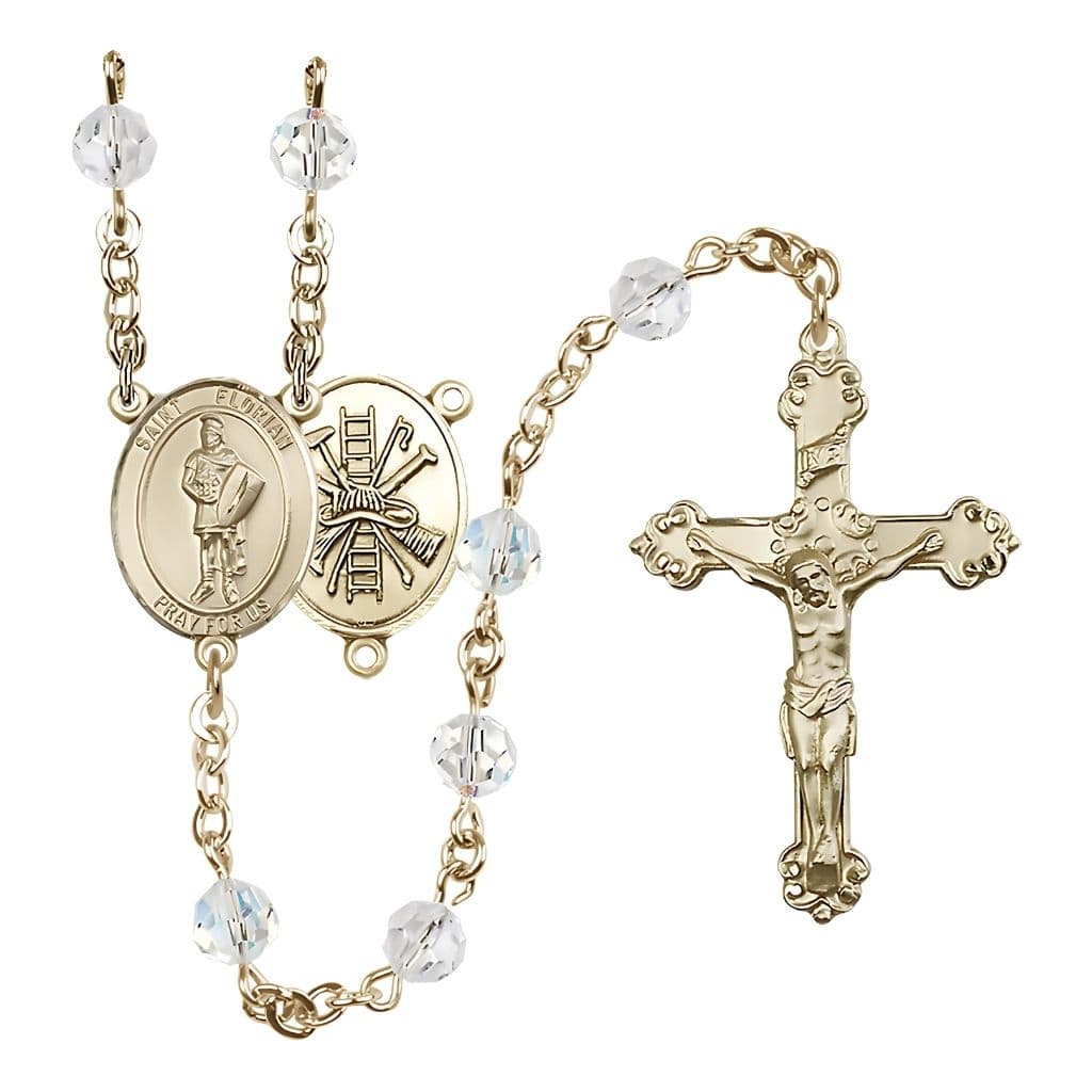 Bliss Gold-filled St. Florian Firefighter Gear Birthstone Rosary with Clear 6mm Austrian Crystal Beads