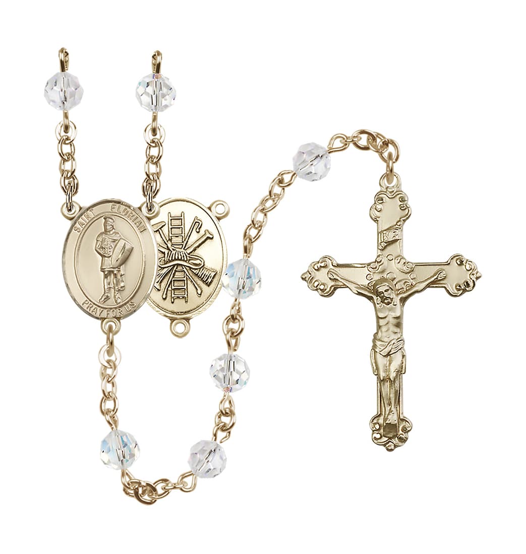 Bliss St Florian Firefighter Center Gold-filled Crystal April Birthstone Rosary,