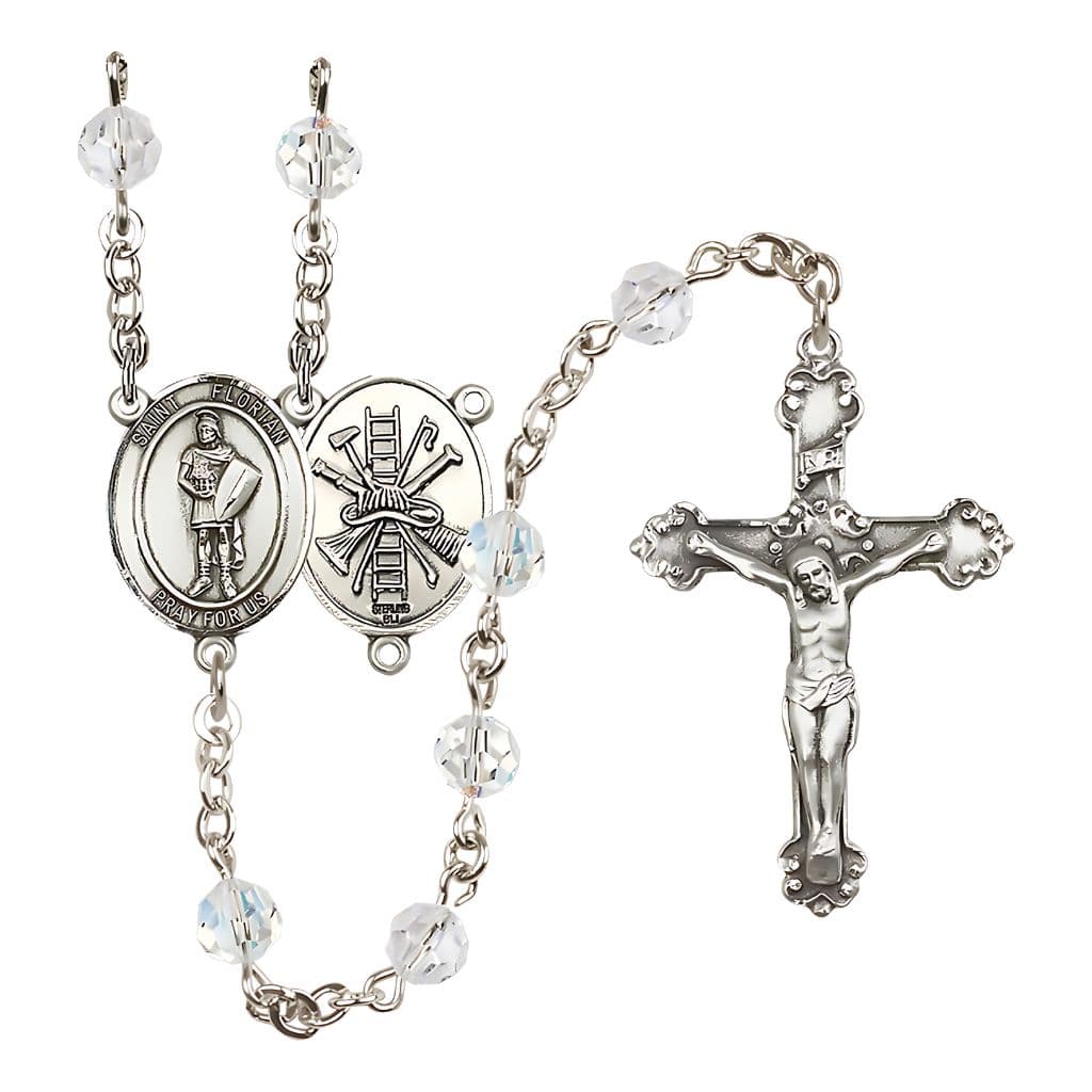 Bliss St Florian Firefighter Center Sterling Silver Crystal April Birthstone Rosary,
