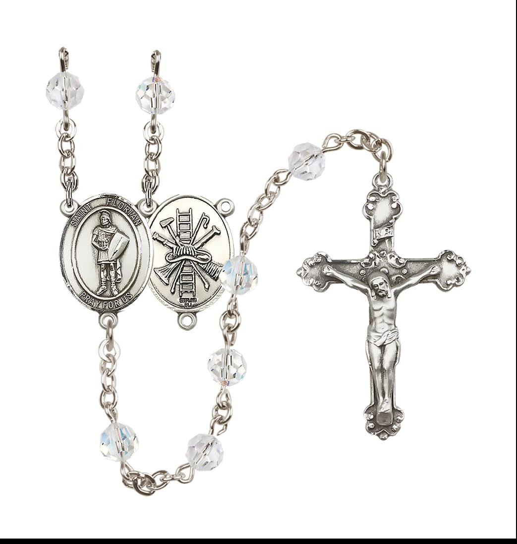 Bliss St Florian Firefighter Center Sterling Silver Crystal April Birthstone Rosary,