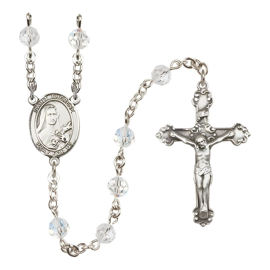 Bliss St. Therese of Lisieux 6mm Clear Austrian Crystal Birthstone Sterling Silver Rosary with a Detailed Swirl Design Crucifix