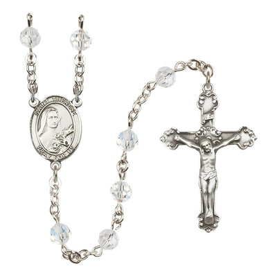 St. Therese of Lisieux 6mm Clear Austrian Crystal Birthstone Sterling Silver Rosary with a Detailed Swirl Design Crucifix, Bliss Manufacturing