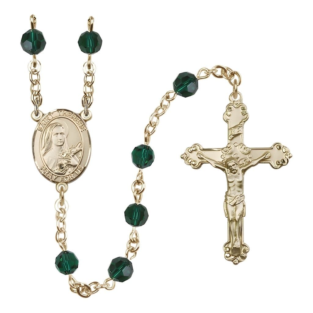 Bliss St. Therese of Lisieux Birthstone Gold-filled 6mm Emerald Austrian Crystal Bead Catholic Rosary