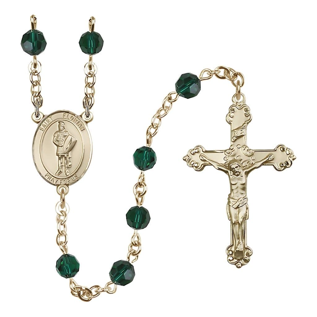 Bliss 14kt Gold St. Florian Birthstone Rosary with Emerald 6mm Austrian Crystal Beads