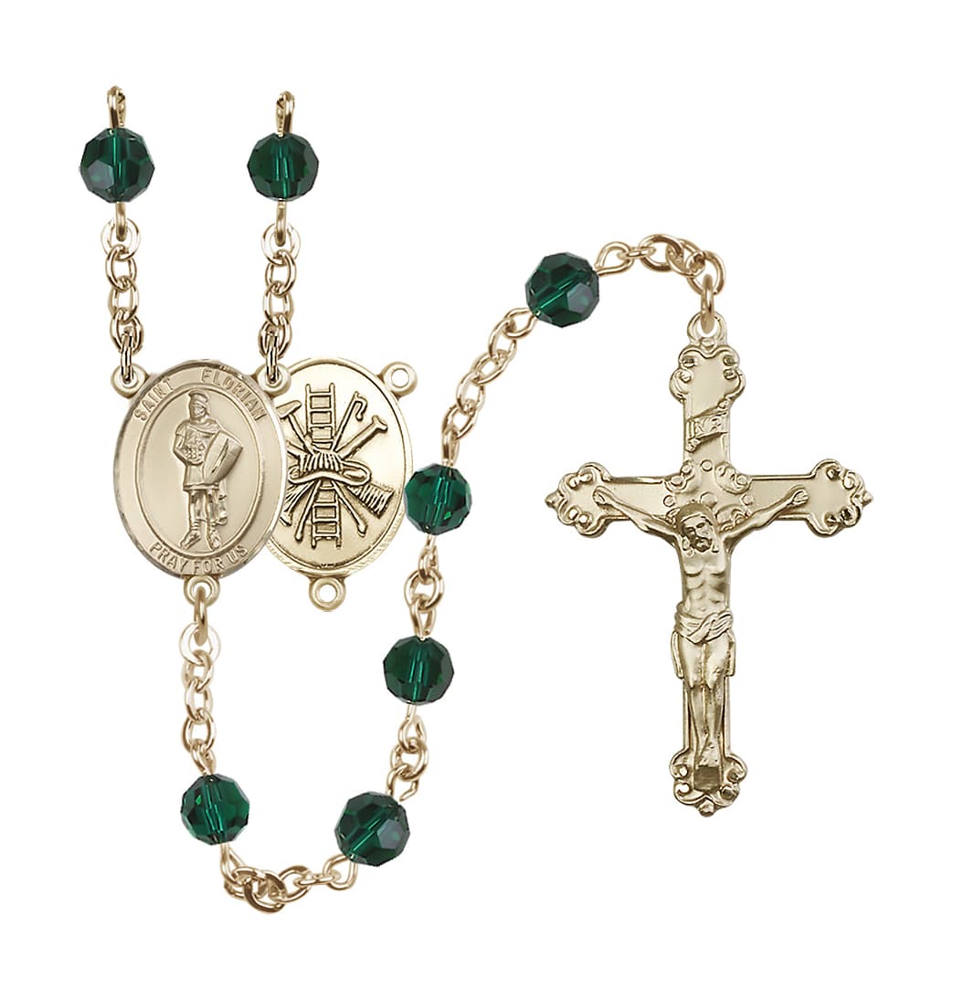 Bliss St Florian Firefighter Center Gold-filled Crystal Emerald May Birthstone Rosary,