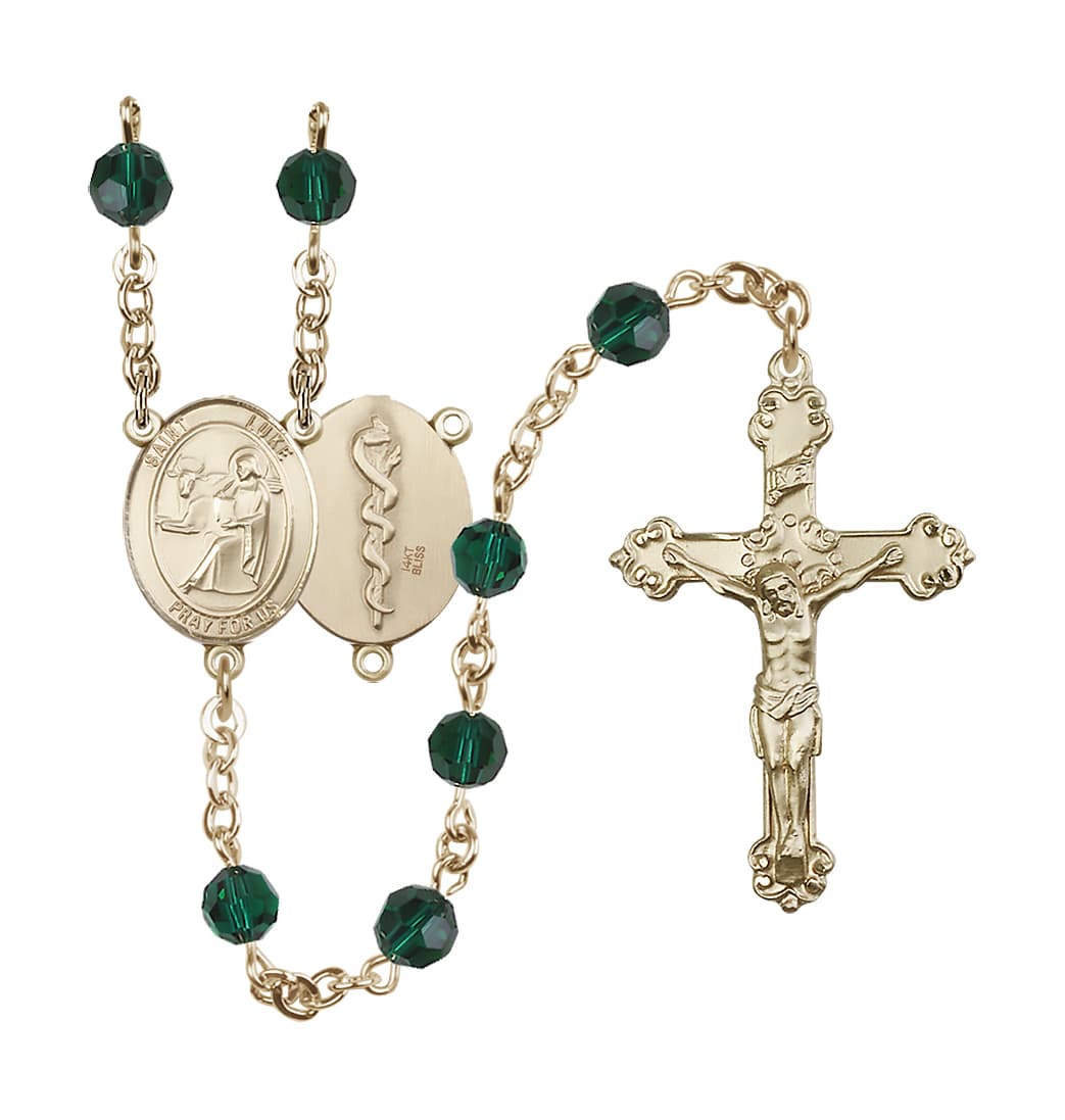 Bliss St Luke the Apostle Doctor 14kt Gold Crystal Ornate May Emerald Rosary,