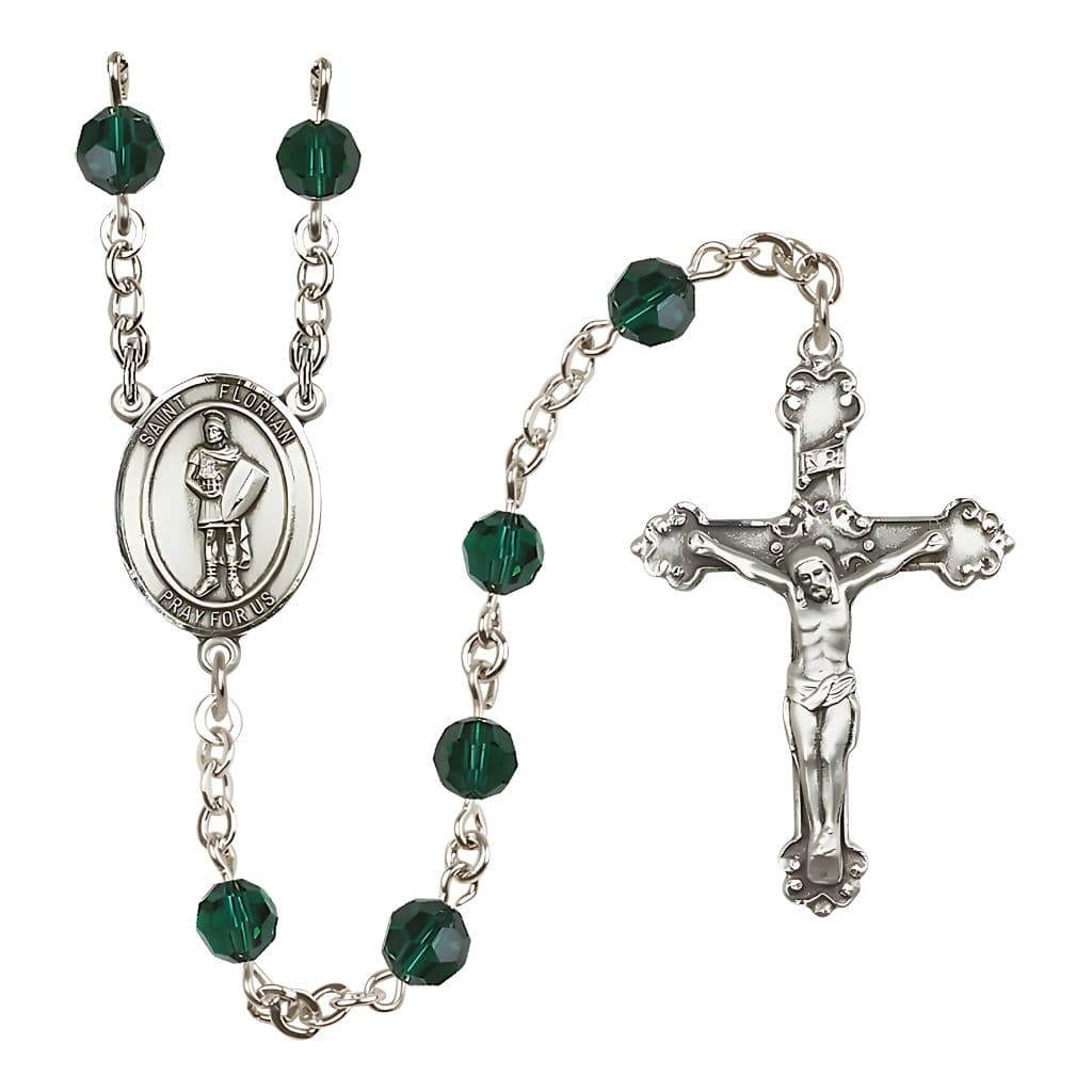 Bliss St Florian Sterling Silver 6mm Round Austrian Crystal Rosary in Emerald May Birthstone,