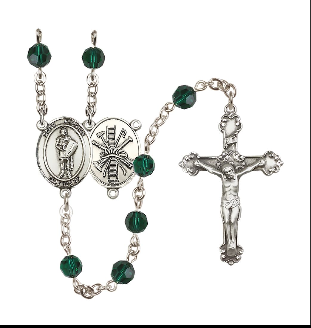 Bliss St Florian Firefighter Center Sterling Silver Crystal Emerald May Birthstone Rosary,