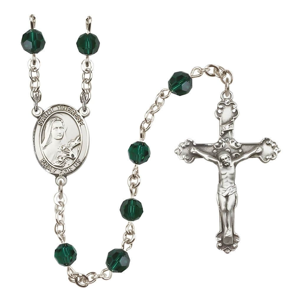 Bliss St. Therese of Lisieux 6mm Emerald Austrian Crystal Birthstone Sterling Silver Rosary with a Detailed Swirl Design Crucifix