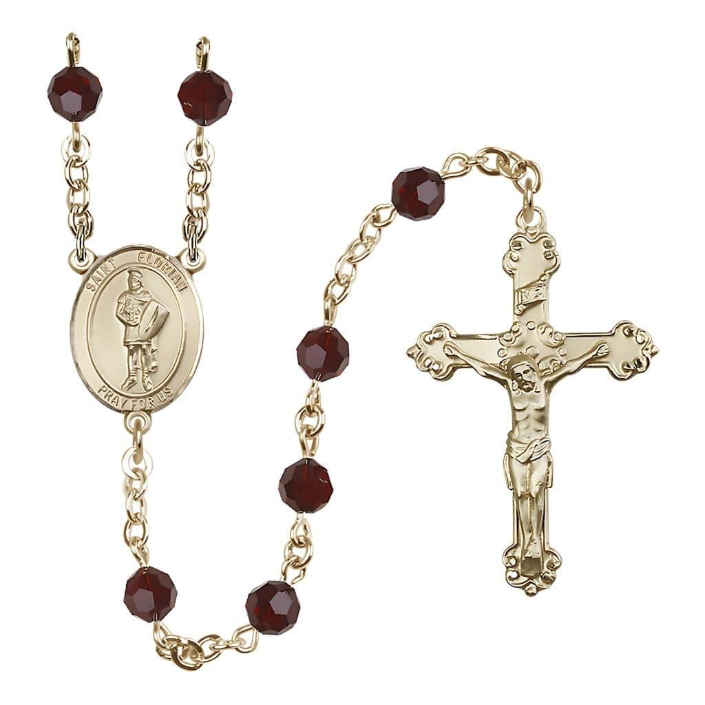 Bliss Gold-filled St. Florian Birthstone Rosary with Garnet 6mm Austrian Crystal Beads