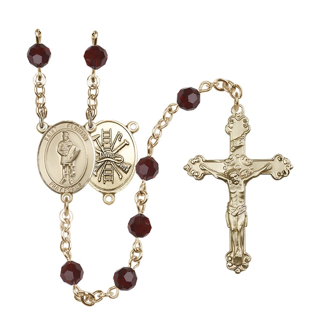 Bliss St Florian Firefighter Center Gold-filled Crystal Garnet January Birthstone Rosary,