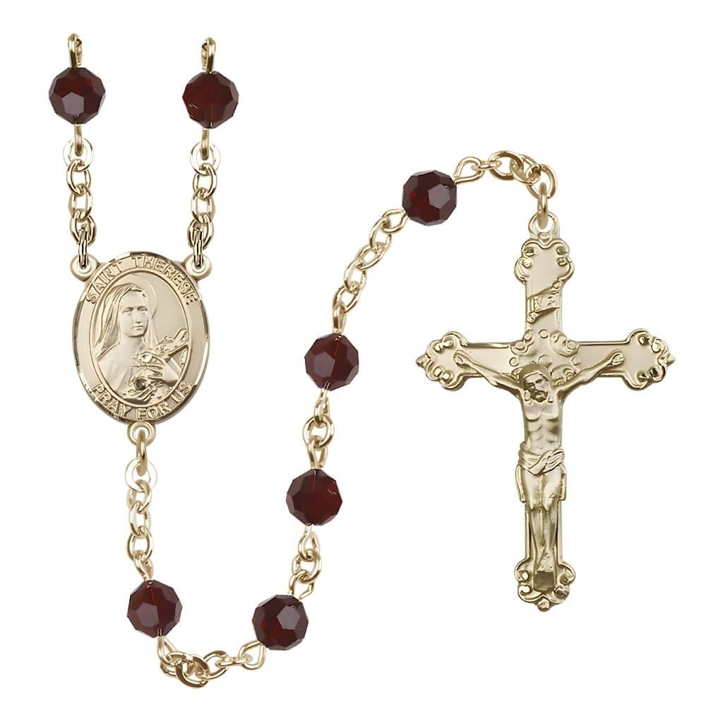 Bliss St. Therese of Lisieux Birthstone Gold-filled 6mm Garnet Austrian Crystal Bead Catholic Rosary