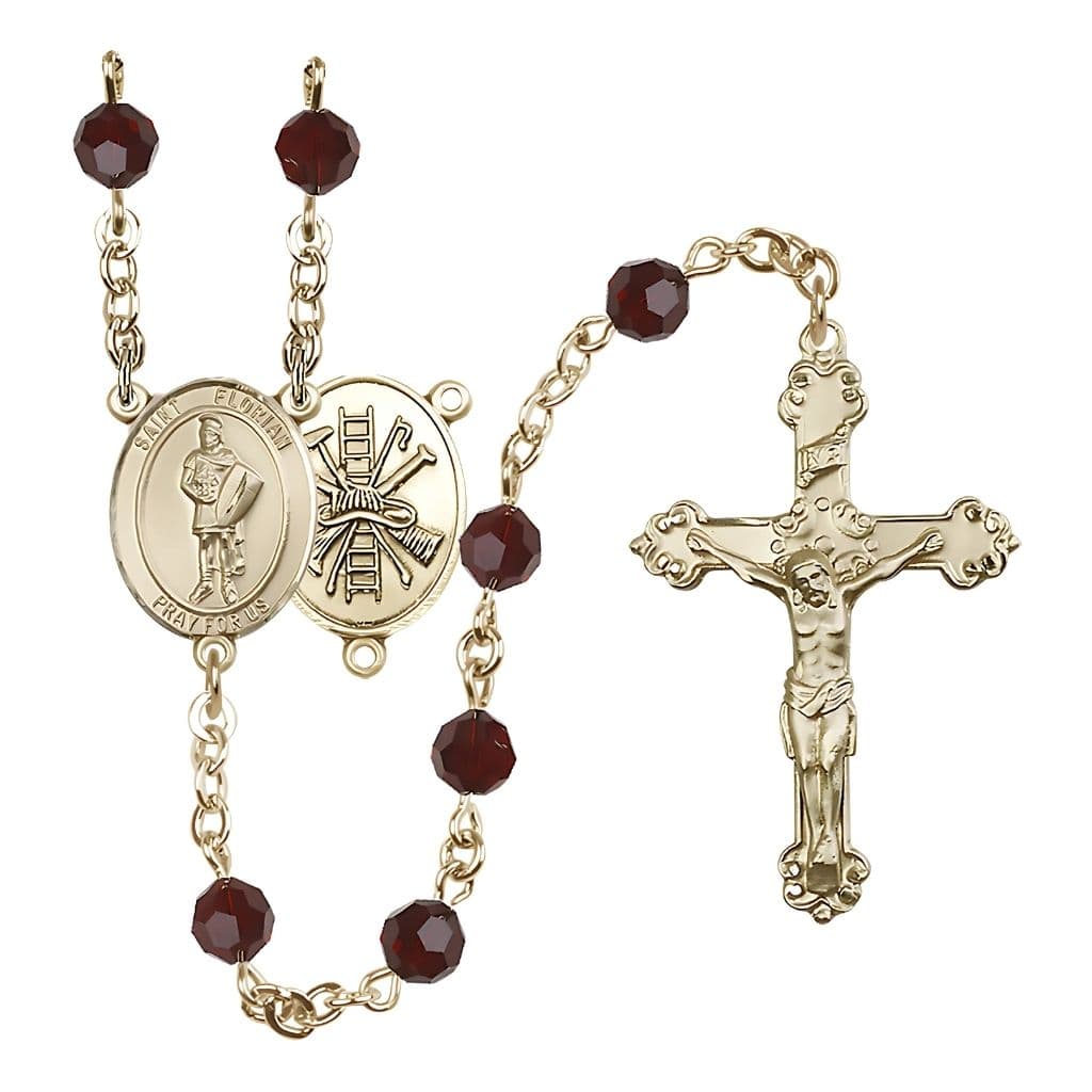 Bliss St. Florian with Fire Gear on Back 14kt Gold Garnet 6mm Round Austrian Crystal Birthstone Catholic Rosary