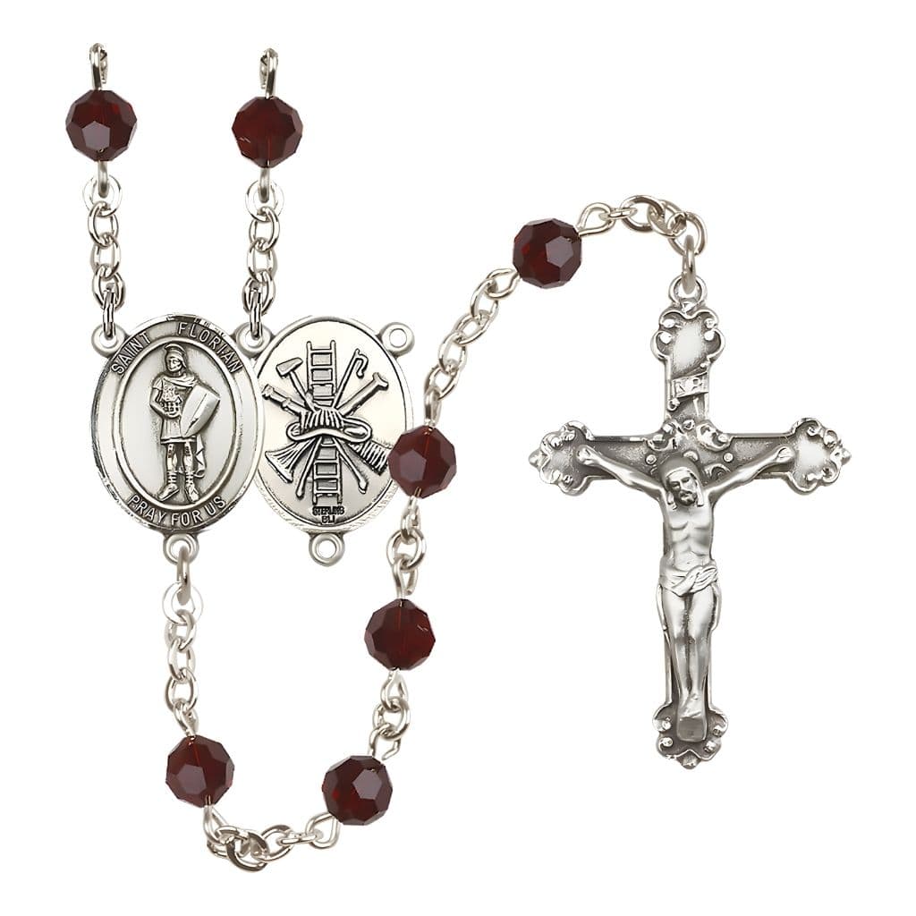 Bliss St Florian Firefighter Center Sterling Silver Crystal Garnet January Birthstone Rosary,