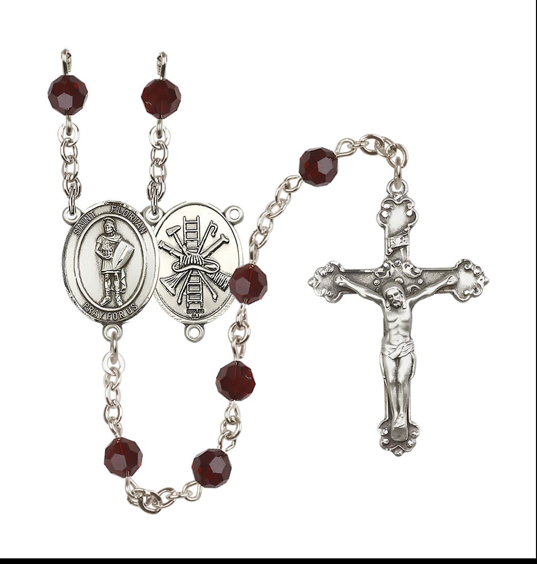 Bliss St Florian Firefighter Center Sterling Silver Crystal Garnet January Birthstone Rosary,