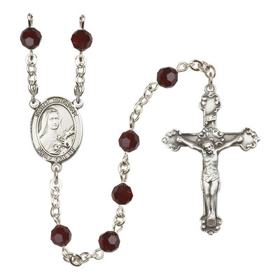 St. Therese of Lisieux 6mm Garnet Austrian Crystal Birthstone Sterling Silver Rosary with a Detailed Swirl Design Crucifix, Bliss Manufacturing