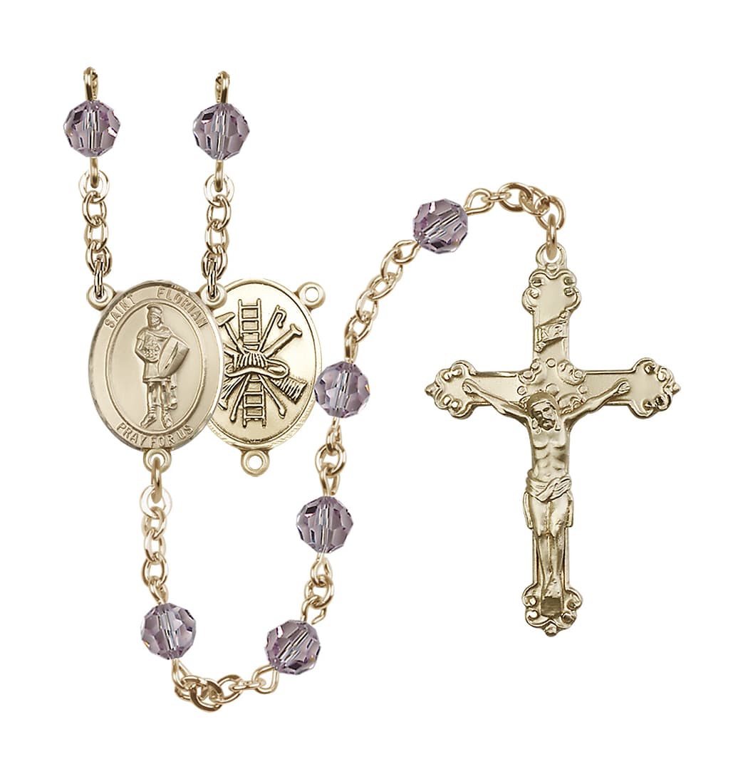 Bliss St Florian Firefighter Center Gold-filled Crystal Light Amethyst June Birthstone Rosary,