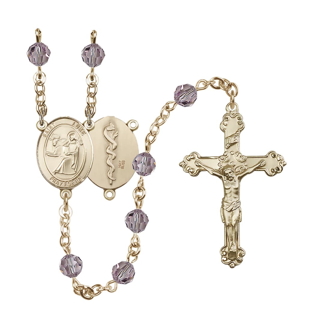 Bliss St Luke the Apostle Doctor 14kt Gold Crystal Ornate June Light Amethyst Rosary,